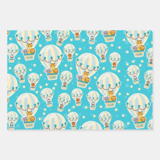 . .熱気球に飛んでいるうっとりするかわいいジャングル動物 ラッピングペーパーシート (正面)
