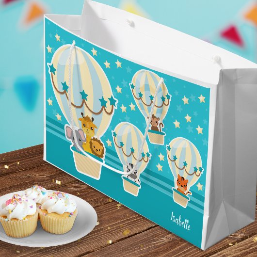 . .熱気球に飛んでいるうっとりするかわいいジャングル動物 ラージペーパーバッグ