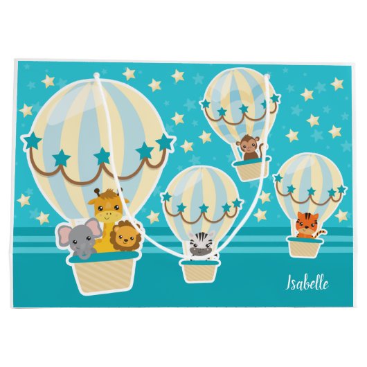 . .熱気球に飛んでいるうっとりするかわいいジャングル動物 ラージペーパーバッグ (裏面)