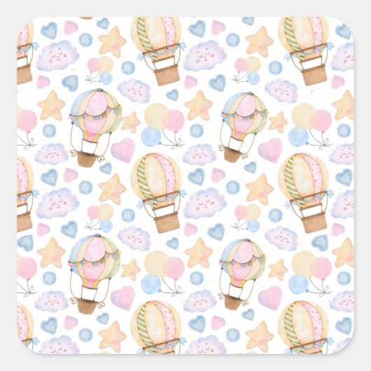 熱気球のお洒落水色パターン スクエアシール (正面)