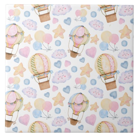 熱気球のお洒落水色パターン タイル (正面)