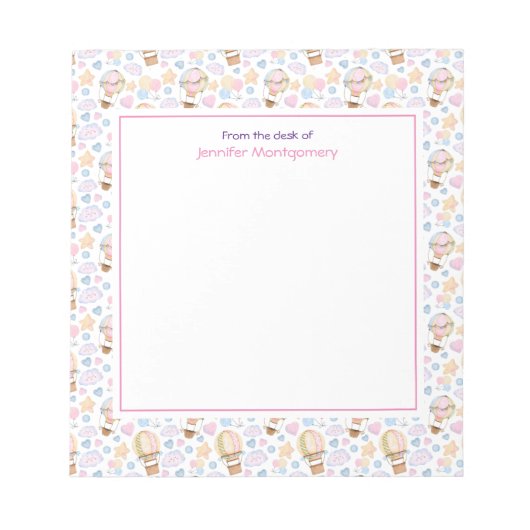 熱気球のお洒落水色パターン ノートパッド (正面)