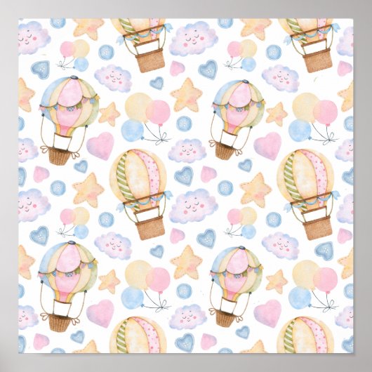 熱気球のお洒落水色パターン ポスター (正面)