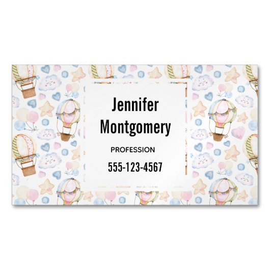 熱気球のお洒落水色パターン マグネット名刺 (正面)