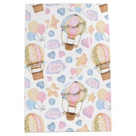 熱気球のお洒落水色パターン ミディアムペーパーバッグ