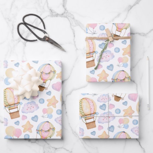 熱気球のお洒落水色パターン ラッピングペーパーシート (正面)