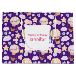 熱気球のお洒落水色パターン ラージペーパーバッグ