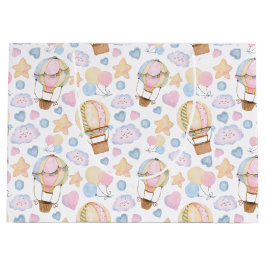 熱気球のお洒落水色パターン ラージペーパーバッグ