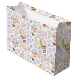 熱気球のお洒落水色パターン ラージペーパーバッグ