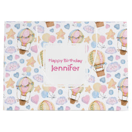 熱気球のお洒落水色パターン ラージペーパーバッグ