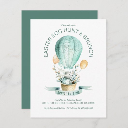 熱気球のイースターバニー サンキューカード (正面/裏面)