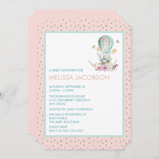 熱気球のベビーシャワーにバニー 招待状 (正面/裏面)
