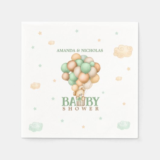 熱気球のベビーシャワーにライトグリーンベア スタンダードカクテルナプキン (正面)