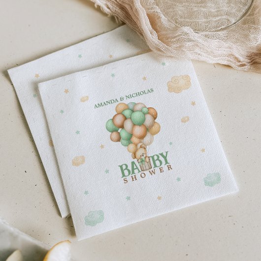 熱気球のベビーシャワーにライトグリーンベア スタンダードカクテルナプキン