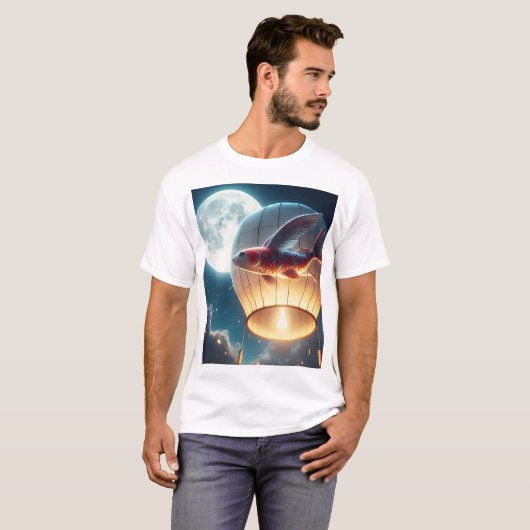 熱気球の中で月の入った魚 Tシャツ (正面フル)