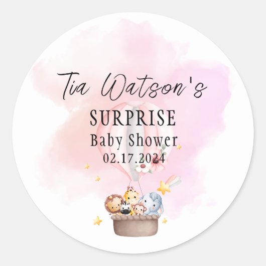 熱気球の丸いステッカーに赤ちゃん動物 ラウンドシール (正面)