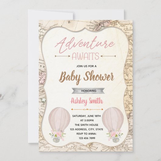 熱気球の冒険が赤ちゃんのシャワーを待つ 招待状 (正面)