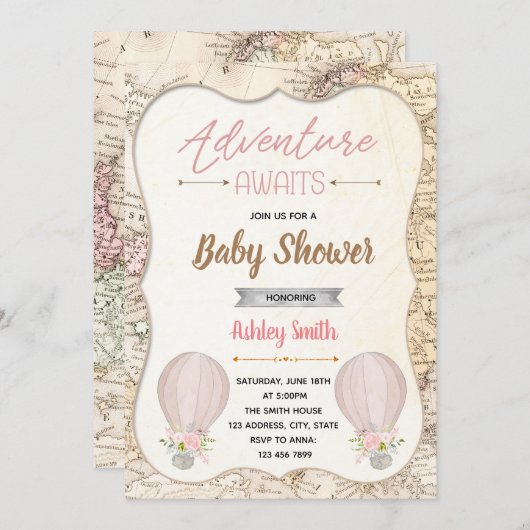 熱気球の冒険が赤ちゃんのシャワーを待つ 招待状 (正面/裏面)