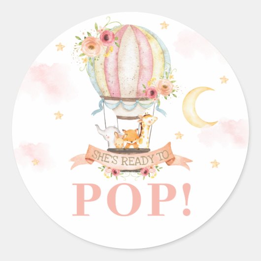 熱気球の動物がシャワーを浴びる準備ができたポップ・アートの ラウンドシール (正面)