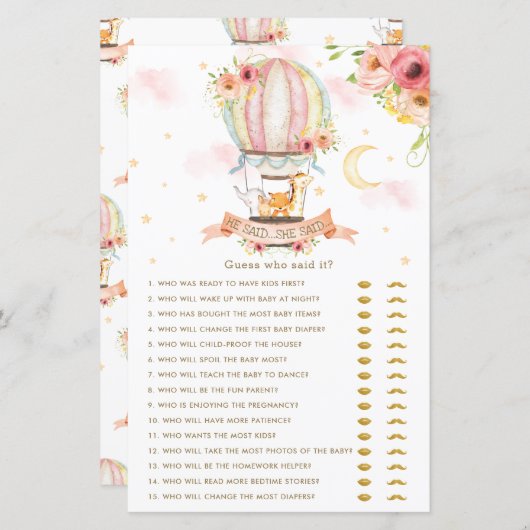 熱気球の動物は彼は彼女はベビーゲームと言った (正面/裏面)