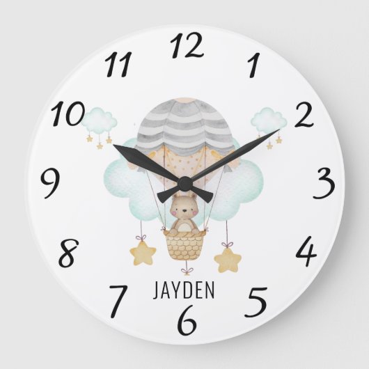 熱気球の可愛い水彩熊子供部屋 ラージ壁時計 (正面)