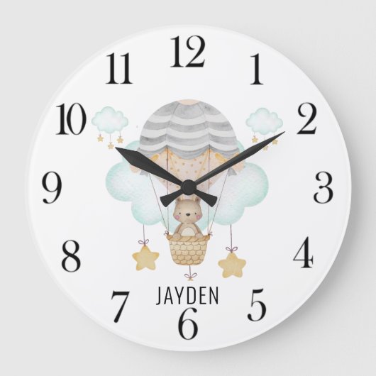 熱気球の可愛い水彩熊子供部屋 ラージ壁時計 (正面)