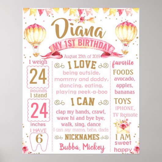 熱気球の最初の誕生日のチョークボードの看板 ポスター (正面)