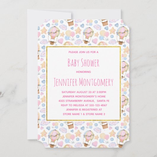 熱気球の水の色のパターン赤ちゃんシャワー 招待状 (正面)