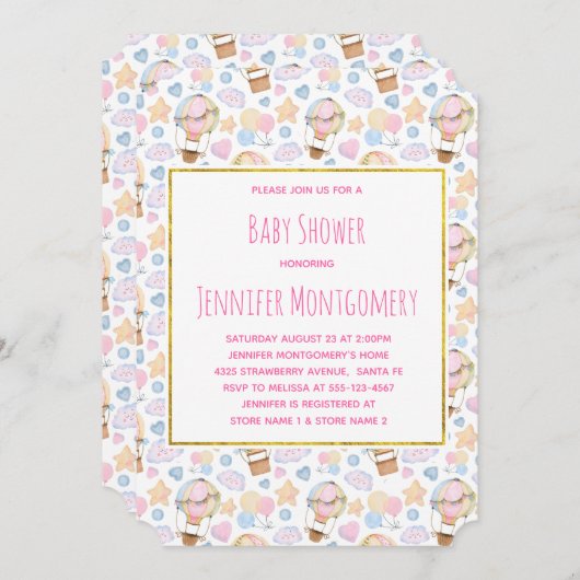 熱気球の水の色のパターン赤ちゃんシャワー 招待状 (正面/裏面)