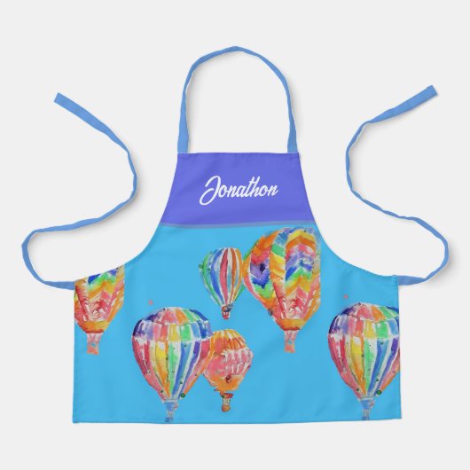 熱気球の水色ボーイズ子供名エプロン エプロン (正面)
