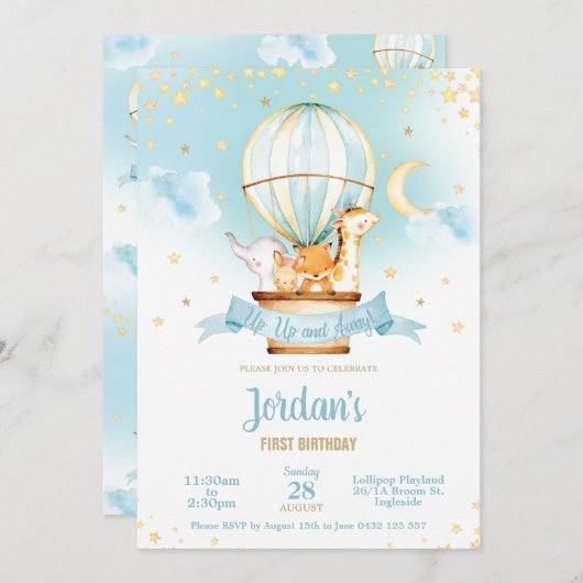 熱気球の誕生日パーティーかわいいジャングル動物 招待状 (正面/裏面)