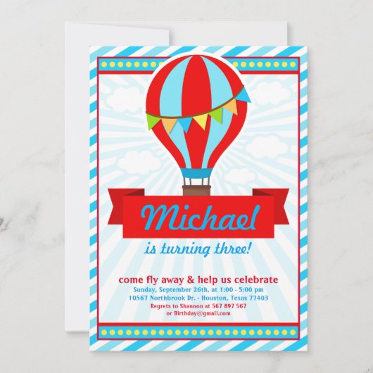 熱気球の誕生日パーティーの招待状 招待状 (正面)