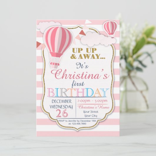 熱気球の誕生日パーティーの招待状 招待状 (スタンド正面)