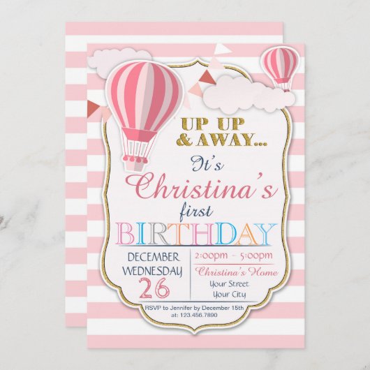 熱気球の誕生日パーティーの招待状 招待状 (正面/裏面)