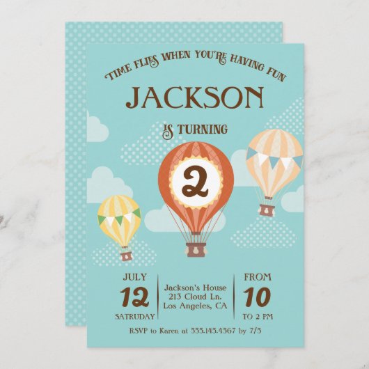 熱気球の誕生日パーティーの招待状 招待状 (正面/裏面)