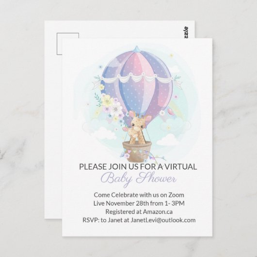 熱気球の赤ちゃんシャワーかわいいキリン ポストカード (正面/裏面)