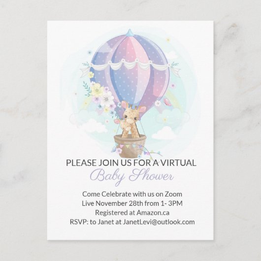 熱気球の赤ちゃんシャワーかわいいキリン ポストカード (正面)