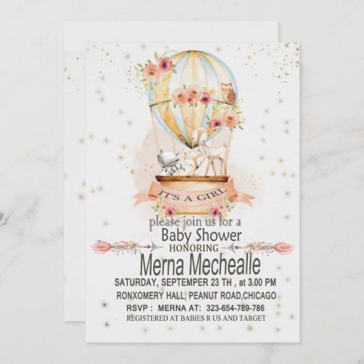 熱気球の赤ちゃんシャワーの招待状 招待状 (正面/裏面)