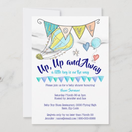 熱気球の赤ちゃんシャワー旅行ボーイズ旗 招待状 (正面)