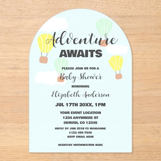 熱気球の赤男女兼用ちゃんシャワー アクリル招待状 (正面)