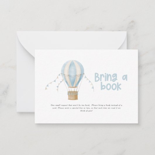 熱気球の青い赤ちゃんシャワーは本をもたらす ノートカード (正面)