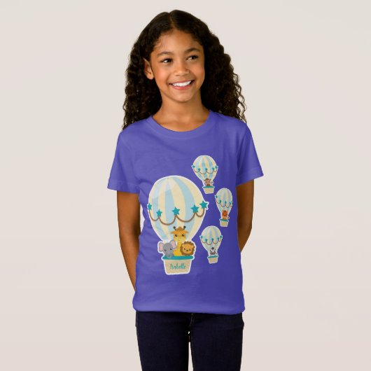 熱気球の飛んでいる可愛いジャングル動物キッド Tシャツ (正面フル)