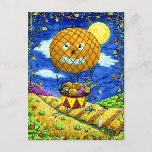 熱気球の黒猫の魔女フォークアートユーモア シーズンポストカード (正面)