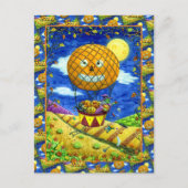 熱気球の黒猫の魔女フォークアートユーモア シーズンポストカード (正面)