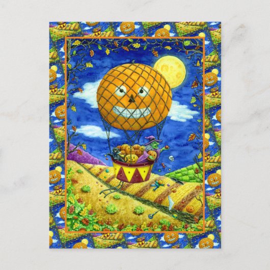 熱気球の黒猫の魔女フォークアートユーモア シーズンポストカード (正面)