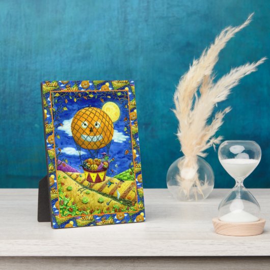 熱気球の黒猫の魔女フォークアートユーモア フォトプラーク (側面)