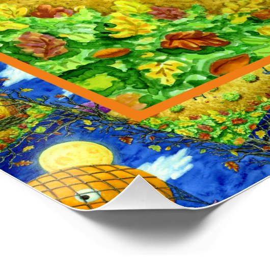 熱気球の黒猫の魔女フォークアートユーモア ポスター (コーナー)