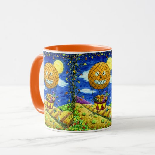熱気球の黒猫の魔女フォークアートユーモア マグカップ (正面左)