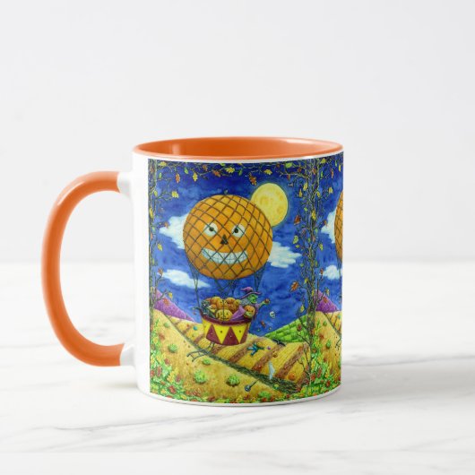 熱気球の黒猫の魔女フォークアートユーモア マグカップ (左)