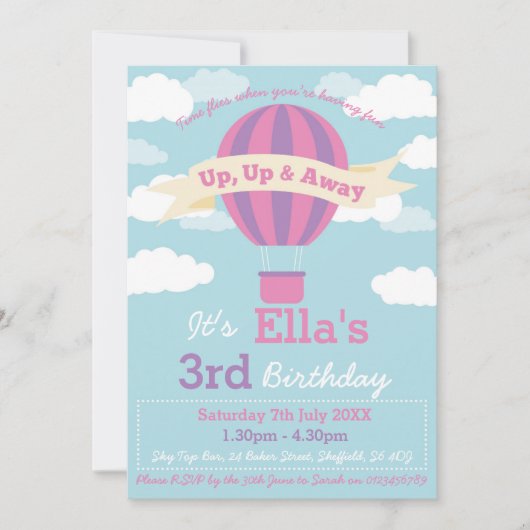 熱気球をテーマにした誕生日パーティーの招待 招待状 (正面)